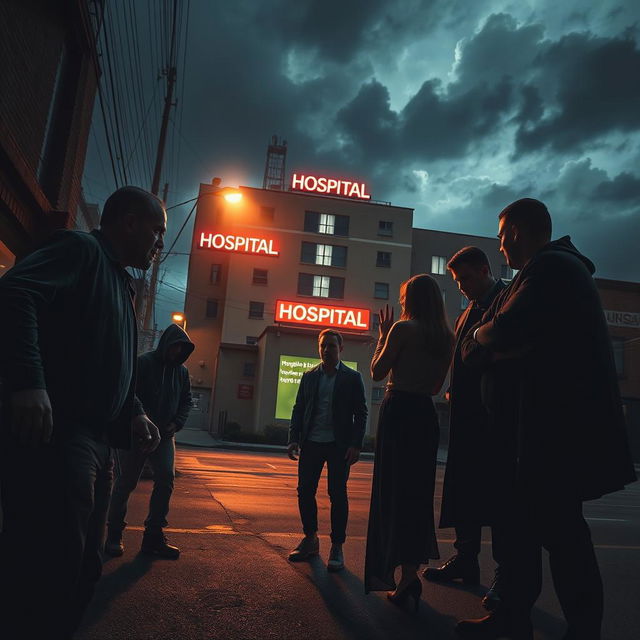 A dramatic scene depicting a group of intimidating bad guys confronting a terrified couple in an urban street, with a hospital in the background under a stormy sky