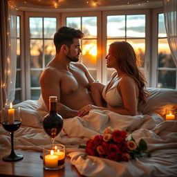 A beautifully styled romantic bedroom escape featuring sexy, stunning women and handsome men gazing deeply into each other's eyes, creating an intimate atmosphere