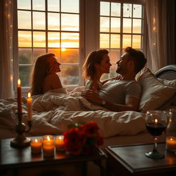 A beautifully styled romantic bedroom escape featuring sexy, stunning women and handsome men gazing deeply into each other's eyes, creating an intimate atmosphere