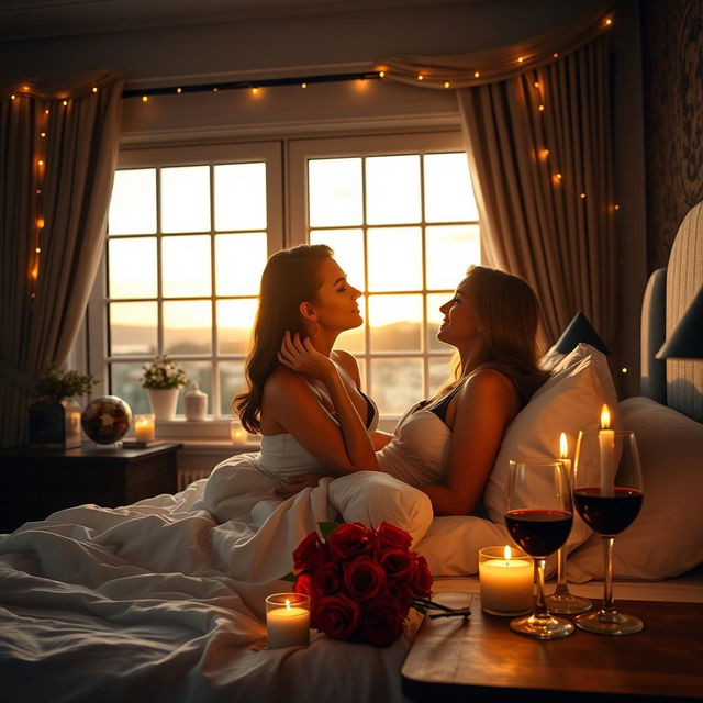 A beautifully styled romantic bedroom escape featuring sexy, stunning women and handsome men gazing deeply into each other's eyes, creating an intimate atmosphere