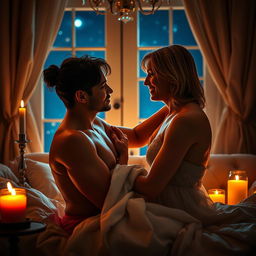 A sensual and artistic photograph capturing intimate moments between two adults in an elegant setting