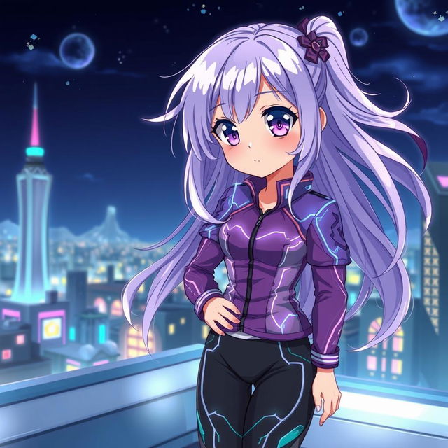 An enchanting anime girl with long, flowing lavender hair and large, expressive violet eyes