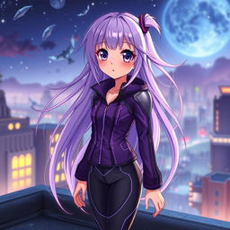 An enchanting anime girl with long, flowing lavender hair and large, expressive violet eyes