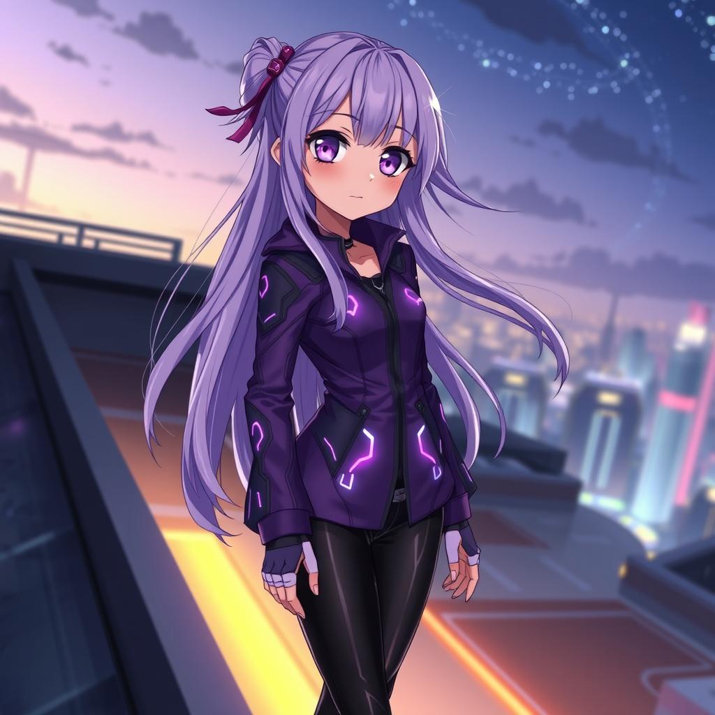 An enchanting anime girl with long, flowing lavender hair and large, expressive violet eyes