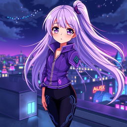 An enchanting anime girl with long, flowing lavender hair and large, expressive violet eyes