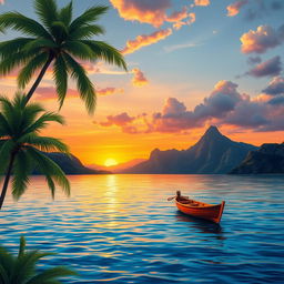 A detailed depiction of a serene Lua landscape at sunset, featuring tranquil waters reflecting the warm hues of the sky