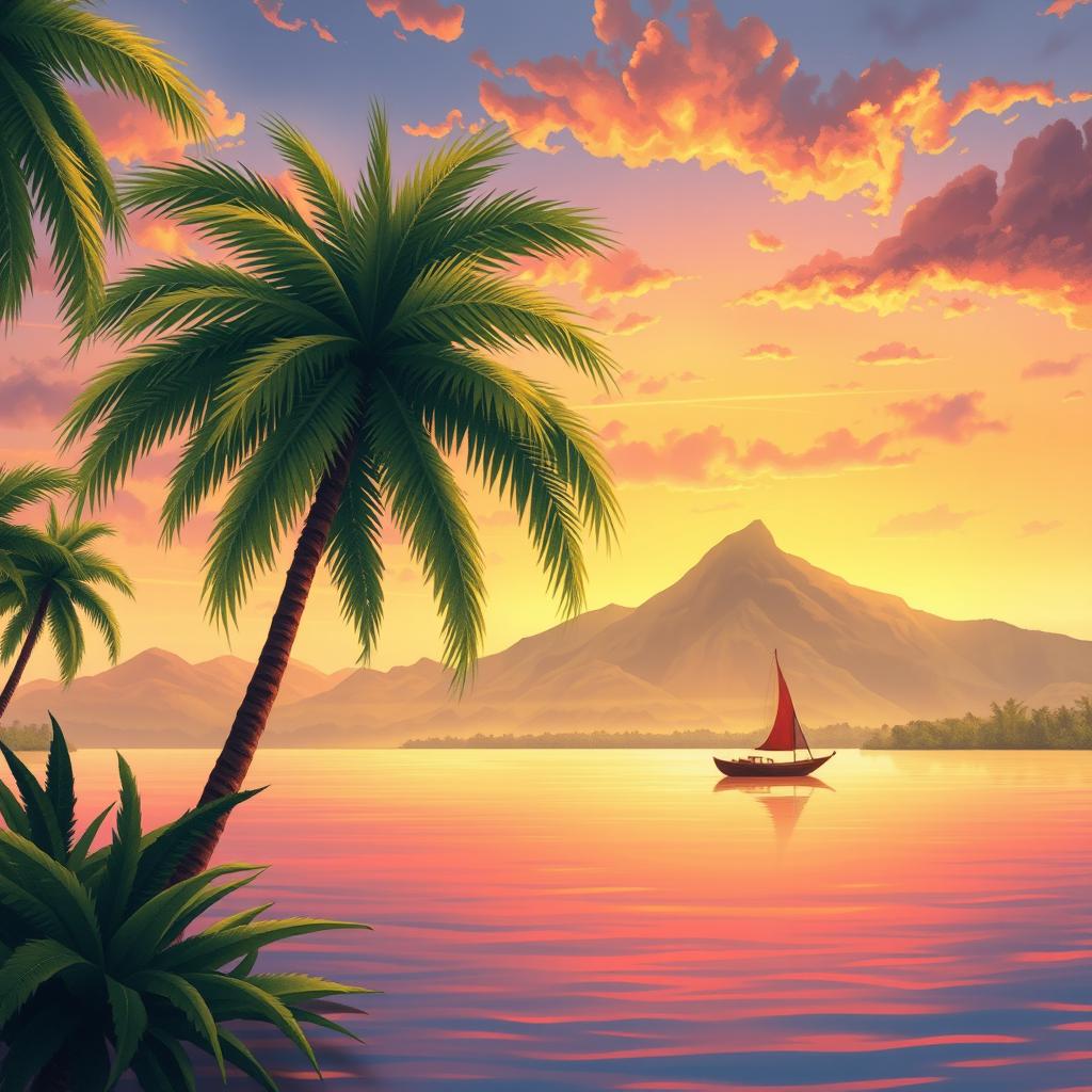 A detailed depiction of a serene Lua landscape at sunset, featuring tranquil waters reflecting the warm hues of the sky