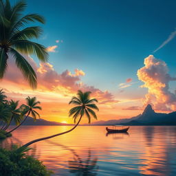 A detailed depiction of a serene Lua landscape at sunset, featuring tranquil waters reflecting the warm hues of the sky
