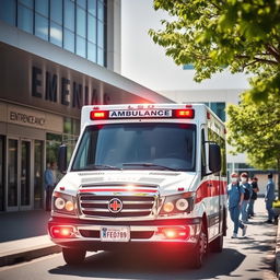 An ambulance arriving at a hospital with its lights flashing and sirens sounding