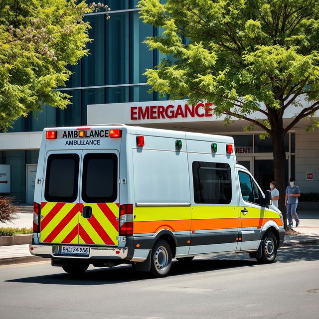 An ambulance arriving at a hospital with its lights flashing and sirens sounding