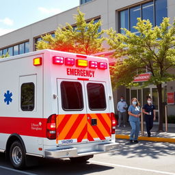 An ambulance arriving at a hospital with its lights flashing and sirens sounding
