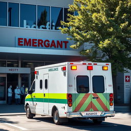 An ambulance arriving at a hospital with its lights flashing and sirens sounding