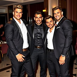 Five handsome men with strong muscular bodies, all wearing sleek black suits, standing confidently together