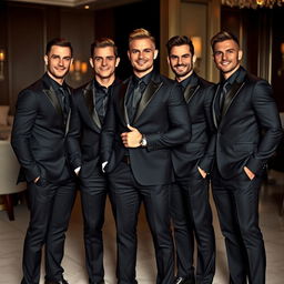 Five handsome men with strong muscular bodies, all wearing sleek black suits, standing confidently together