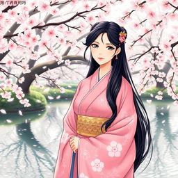 An illustration in manhwa style depicting an elegant Asian Japanese woman wearing a beautiful pink kimono