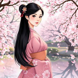 An illustration in manhwa style depicting an elegant Asian Japanese woman wearing a beautiful pink kimono