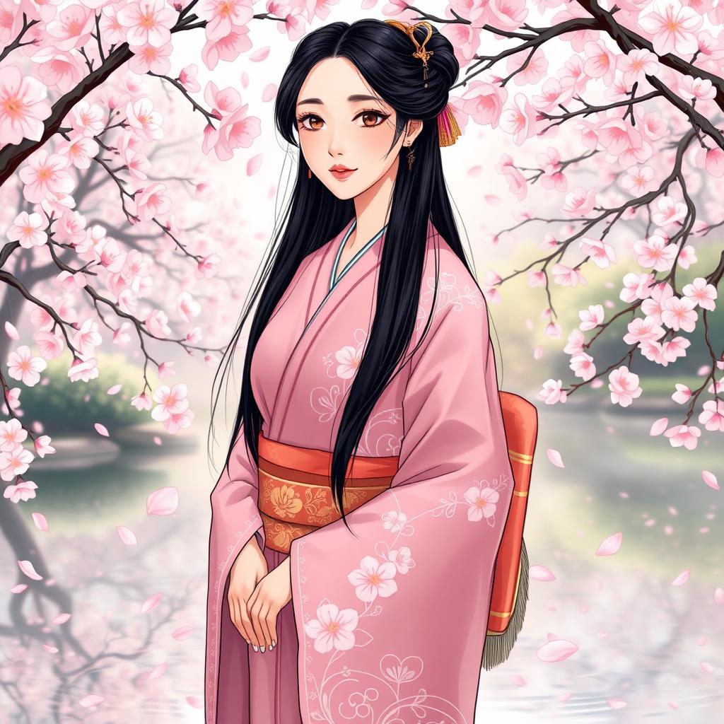 An illustration in manhwa style depicting an elegant Asian Japanese woman wearing a beautiful pink kimono