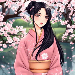 An illustration in manhwa style depicting an elegant Asian Japanese woman wearing a beautiful pink kimono