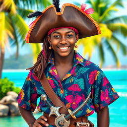 An 18-year-old black-skinned pirate with vibrant African-themed pirate attire, including a colorful patterned shirt and tribal-inspired accessories