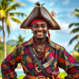 An 18-year-old black-skinned pirate with vibrant African-themed pirate attire, including a colorful patterned shirt and tribal-inspired accessories