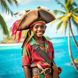 An 18-year-old black-skinned pirate with vibrant African-themed pirate attire, including a colorful patterned shirt and tribal-inspired accessories