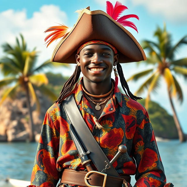 An 18-year-old black-skinned pirate with vibrant African-themed pirate attire, including a colorful patterned shirt and tribal-inspired accessories