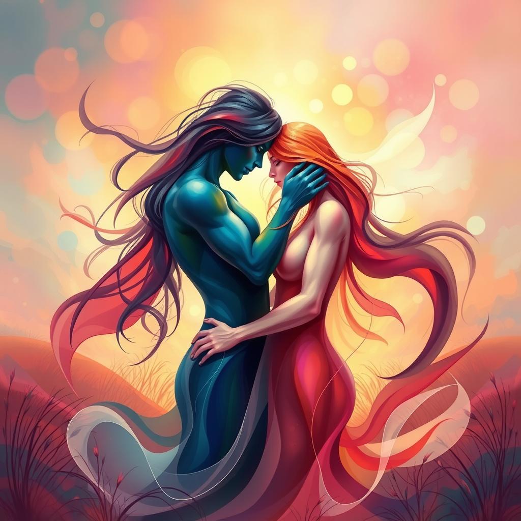 An abstract and artistic representation of human intimacy, featuring intertwined figures that symbolize connection and romance