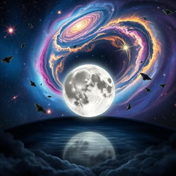 A stunning cosmic scene featuring a mystical Lua (moon) placed prominently in the foreground, surrounded by a swirling backdrop of galaxies