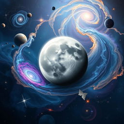 A stunning cosmic scene featuring a mystical Lua (moon) placed prominently in the foreground, surrounded by a swirling backdrop of galaxies