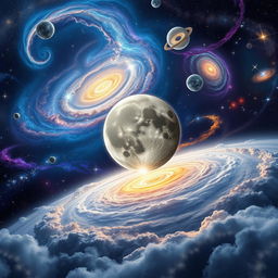 A stunning cosmic scene featuring a mystical Lua (moon) placed prominently in the foreground, surrounded by a swirling backdrop of galaxies