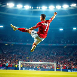 A dynamic scene of Cristiano Ronaldo performing an impressive soccer stunt, showcasing his incredible skills