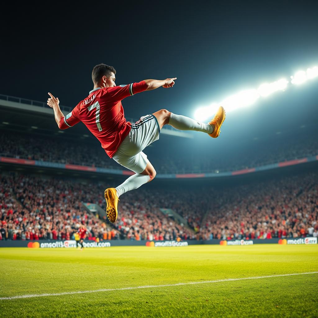 A dynamic scene of Cristiano Ronaldo performing an impressive soccer stunt, showcasing his incredible skills