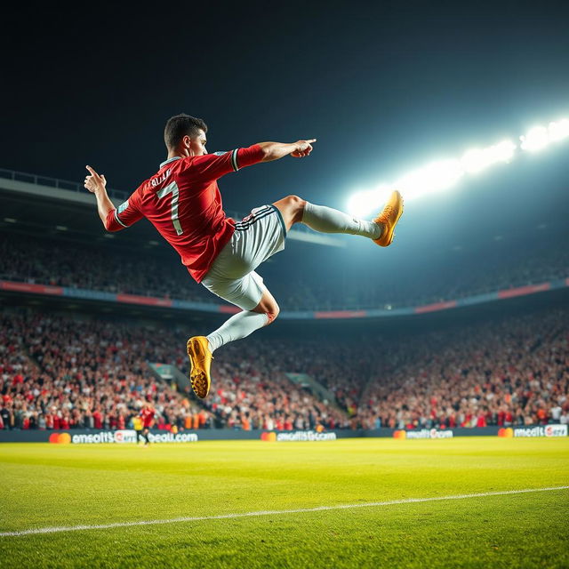 A dynamic scene of Cristiano Ronaldo performing an impressive soccer stunt, showcasing his incredible skills