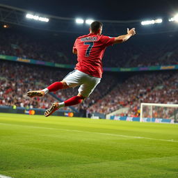 A dynamic scene of Cristiano Ronaldo performing an impressive soccer stunt, showcasing his incredible skills
