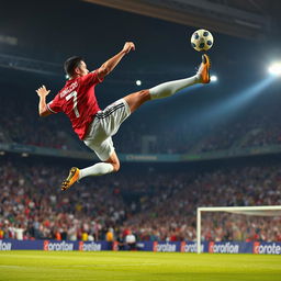 A dynamic scene of Cristiano Ronaldo performing an impressive soccer stunt, showcasing his incredible skills