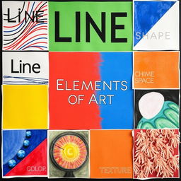 A vibrant and dynamic collage showcasing the seven elements of art: line, shape, form, space, color, value, and texture
