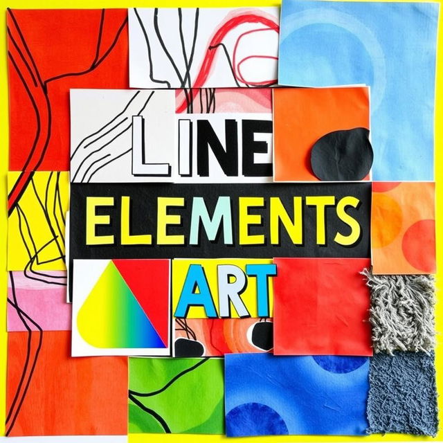 A vibrant and dynamic collage showcasing the seven elements of art: line, shape, form, space, color, value, and texture