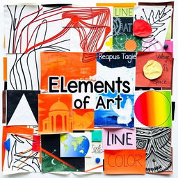 A vibrant and dynamic collage showcasing the seven elements of art: line, shape, form, space, color, value, and texture