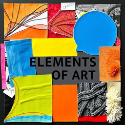 A vibrant and dynamic collage showcasing the seven elements of art: line, shape, form, space, color, value, and texture