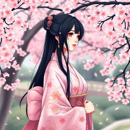 A beautiful Asian Japanese woman wearing a delicate pink kimono, standing gracefully amidst a serene garden setting