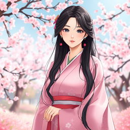 A beautiful Asian Japanese woman wearing a delicate pink kimono, standing gracefully amidst a serene garden setting