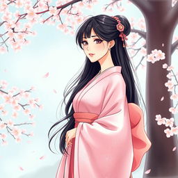 A beautiful Asian Japanese woman wearing a delicate pink kimono, standing gracefully amidst a serene garden setting