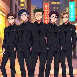 An illustration featuring five handsome anime-style men, each with distinct facial features and expressions, showcasing a charming and attractive demeanor