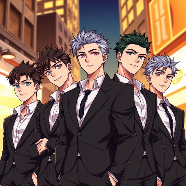 An illustration featuring five handsome anime-style men, each with distinct facial features and expressions, showcasing a charming and attractive demeanor