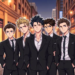 An illustration featuring five handsome anime-style men, each with distinct facial features and expressions, showcasing a charming and attractive demeanor