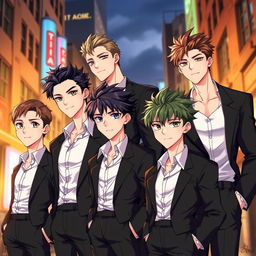 An illustration featuring five handsome anime-style men, each with distinct facial features and expressions, showcasing a charming and attractive demeanor