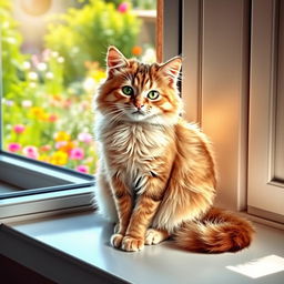A cute, fluffy cat sitting gracefully on a windowsill, sunlight streaming through the window illuminating its soft fur