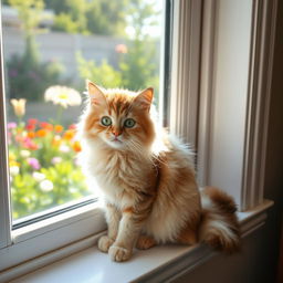 A cute, fluffy cat sitting gracefully on a windowsill, sunlight streaming through the window illuminating its soft fur