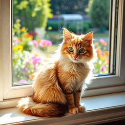 A cute, fluffy cat sitting gracefully on a windowsill, sunlight streaming through the window illuminating its soft fur