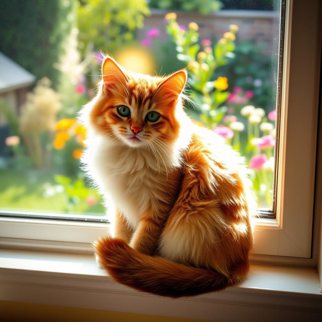 A cute, fluffy cat sitting gracefully on a windowsill, sunlight streaming through the window illuminating its soft fur